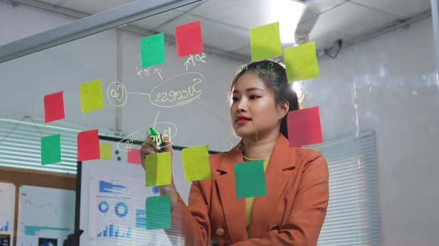 Businesswoman creates a mind map on a glass wall in a modern office, showcasing planning and brainstorming techniques