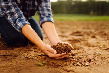 Close up of male hands touching soil on the field.  Farmer is checking soil quality before sowing. Agriculture, gardening or ecology concept.