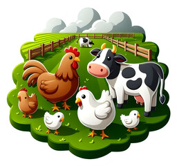 Cartoon farm animals in a sunny pasture with fence and clouds