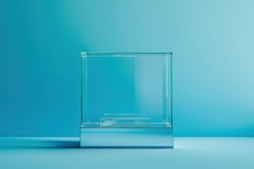 Clear glass display case on a blue background with soft lighting