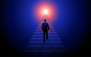 Businessman climbing stairs toward a brightly lit door in a dark room. Concepts of ambition, success, new opportunities, career growth, overcoming challenges, and reaching goals