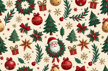 Christmas themed seamless pattern. Vector illustration with simple gradients. Some elements on separate layers.