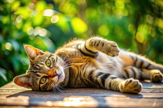 Playful cat lounging on its back, showcasing its belly and enjoying a moment of relaxation outdoors