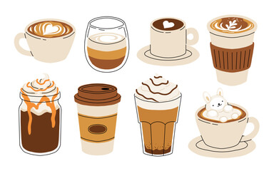 Set of Coffee Cups with Latte Art Patterns Front View. Cute rabbit, Flower and Heart foam shapes. Cafe Bar or Coffee House Graphics. Vector Illustration, Icons