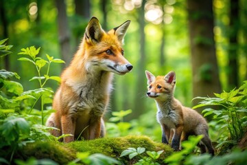 Obraz premium Playful Fox and Kit in a Lush Green Forest Surrounded by Nature's Beauty and Vibrant Colors
