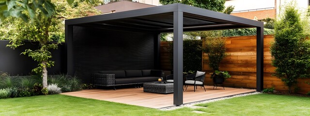 A modern black metal garden canopy with seating, situated in the middle of a lawn, features a minimalistic design