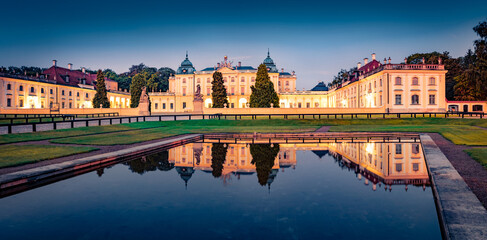 Panoramic morning view of Branicki Palace, Podlaskie Voivodeship. Illuminated summer cityscape of...