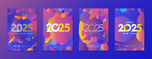 Creative concept of 2025 Happy New Year business posters set with memphis elements. Cover templates for business strategy plan or report for 2025. Vector illustration