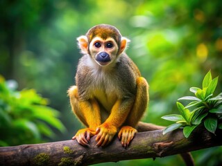 Obraz premium Playful Full Body Monkey Sitting on a Tree Branch in a Lush Green Forest Environment