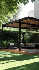 A modern black metal garden canopy with seating, situated in the middle of a lawn, features a minimalistic design