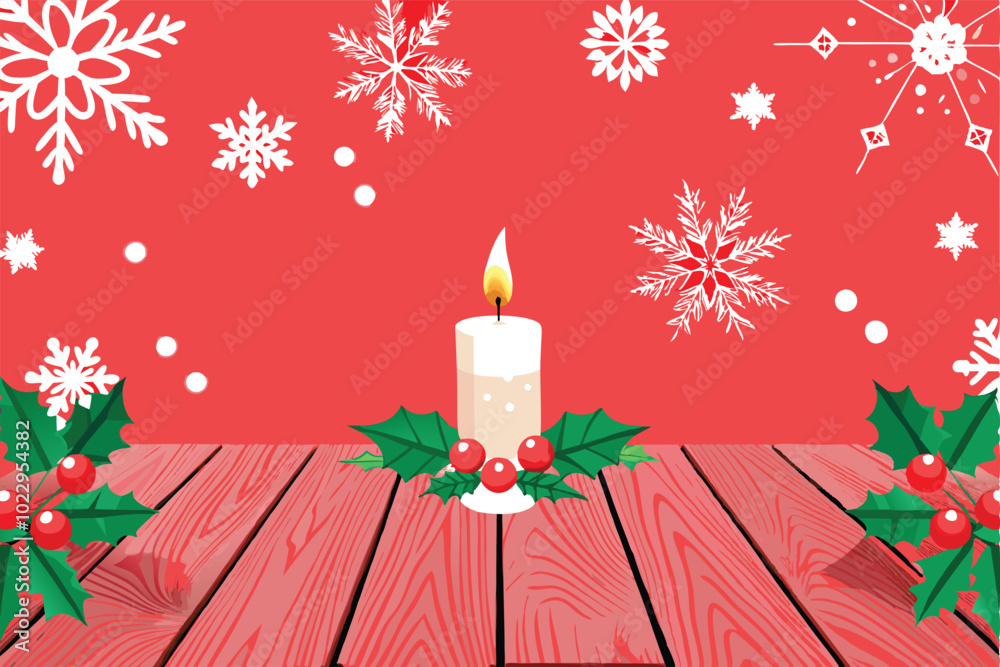 Wall mural a lit candle on a rustic red wooden table with holly sprigs and snowflakes.