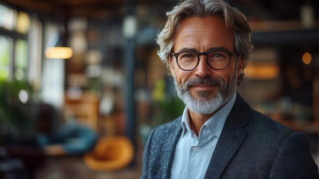 a mature confident businessman stands in an office setting smiling at the camera embodying professionalism with a touch of warmth and approachability in his demeanor