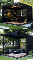 A modern black metal garden canopy with seating, situated in the middle of a lawn, features a minimalistic design