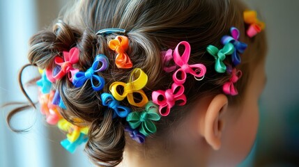 Naklejka premium Child's hair rolled up and decorated with a variety of colorful hair clips, creating a playful and whimsical hairstyle