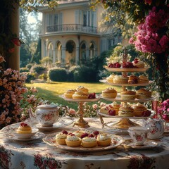 Elegant Afternoon Tea in Lush Garden with Delicacies and Floral Decor