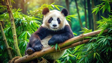 Fototapeta premium Playful panda bear lounging on a tree branch in a lush green forest surrounded by bamboo plants