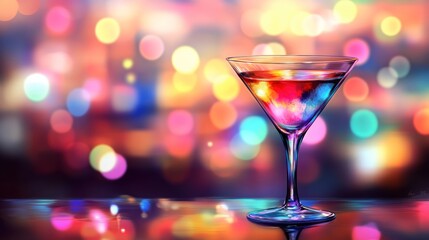 A vibrant cocktail glass against a colorful bokeh background, evoking a festive atmosphere.