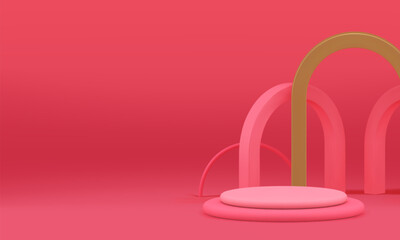 Pink luxury 3d podium pedestal mockup for beauty product show realistic vector illustration. Elegant feminine trendy cylinder platform with golden arch wall background showroom for presentation