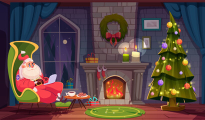 Santa Claus sitting in armchair in living room with Christmas tree and fireplace