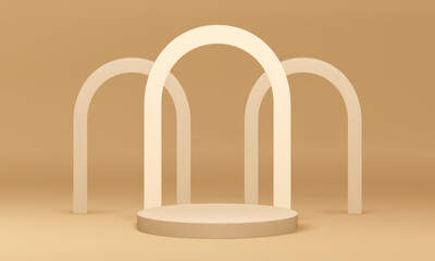 3d beige cylinder podium with arch wall background realistic vector illustration. Neutral pastel round display with geometric archway backdrop mockup interior for product show presentation advertising