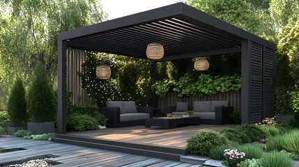A modern black metal garden canopy with seating, situated in the middle of a lawn, features a minimalistic design