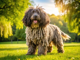 Playful Puli Dog with Curly Coat Standing on Grass in a Sunny Park Enjoying the Outdoors