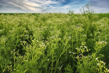 Green field of blooming coriander with small white flowers