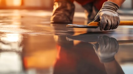 Construction Worker Smoothing Concrete Floor With Trowel