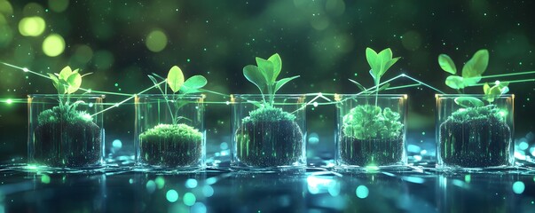 Green Plant Growth in Glass Tubes with Abstract Lights    Nature  Technology  and Innovati
