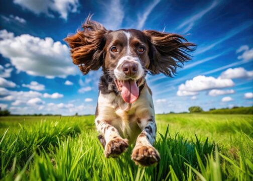 Playful Sprocker Spaniel Running Through a Green Field Under a Bright Blue Sky on a Sunny Day