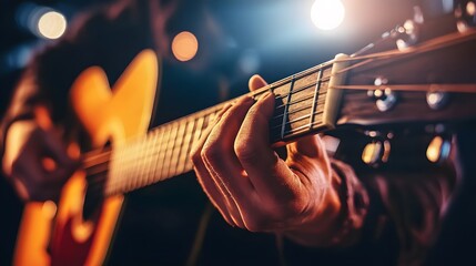 Obraz premium Close up of Musician s Hand Playing Acoustic Guitar on Stage