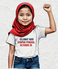 Young Asian girl clenches her fist for Indonesian Sumpah Pemuda Day