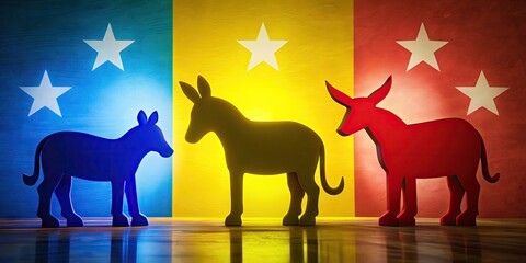 Political Symbols Representing Conservative, Labour, and Liberal Democrat Parties in a Conceptual Image