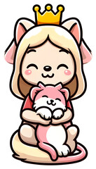 Fototapeta premium Cute cartoon princess with cat ears hugging a pink kitty