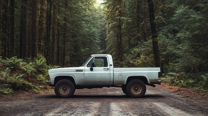 A white pickup truck parked on a dirt road in a dense forest.