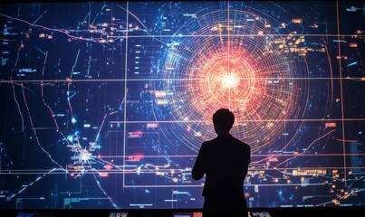Fototapeta premium Silhouette of person in front of a large screen displaying