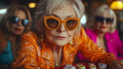 Create an ultra-realistic advertising shot of a group of cool and chic old ladies playing poker around a table full of fiches, sunglasses, colorful setting, 