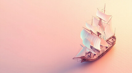 panorama of a large sailboat boat ship in the sea 2d illustration shape isometric 3d side view orange shades soft pastel colors presentation solid background cartoon UI motion graphics style