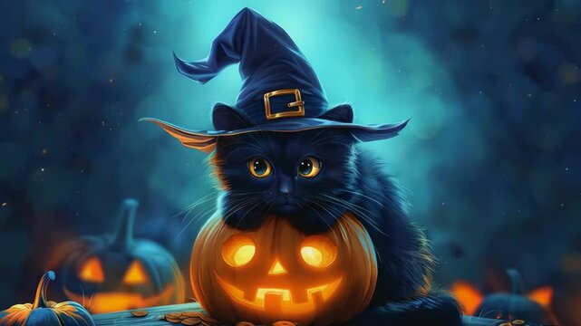 video of Cute black cat in a witch hat sitting with Halloween pumpkin
