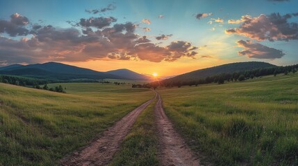 Fototapeta premium A winding dirt road leads through a lush green valley towards a stunning sunset with vibrant orange and pink hues, framed by majestic mountains in the distance.