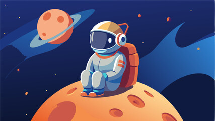A whimsical digital illustration of a cartoon astronaut sitting on a tiny, cratered moon