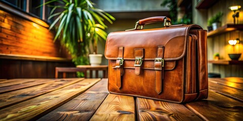 Professional briefcase on a wooden table, ideal for business, travel, and corporate settings