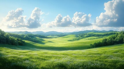Fototapeta premium a peaceful pasture under a clear blue sky showcasing green grass gentle rolling hills and a serene atmosphere embodying tranquility and the beauty of the natural environment