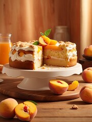 Homemade peach cake on wooden table in orange background. Peach cake on vintage wooden surface
