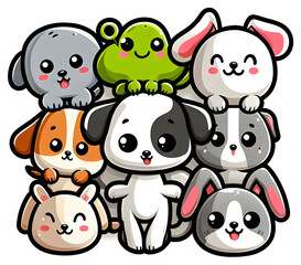Cute cartoon animals group illustration with adorable expressions