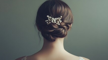 Decorative hair clip seen from behind on a young woman, set against a smooth gray backdrop.