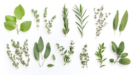 Fresh Herbs Collection  Thyme  Rosemary  Sage  and Bay Leaf on White Background