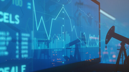 Fototapeta premium Close-up of digital screen showing oil price graph with rising lines, symbolizing market fluctuations and economic trends in the energy sector.