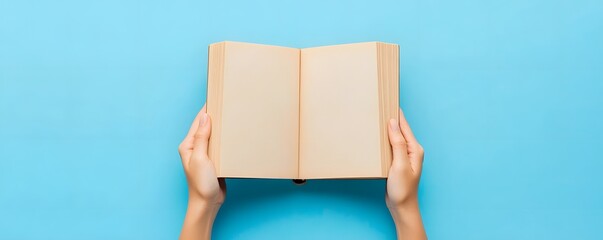 Open Book in Hands on Blue Background   Education  Knowledge  Reading  Blank Pages