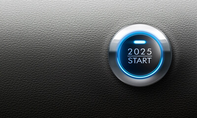 Blue illuminated start button year 2025 with black leather background - 3D illustration